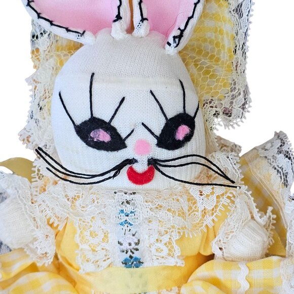 Vintage Kitschy Creepy Easter Bunny Rabbit Sock Doll Wearing Ruffle Yellow Dress - Picture 2 of 9